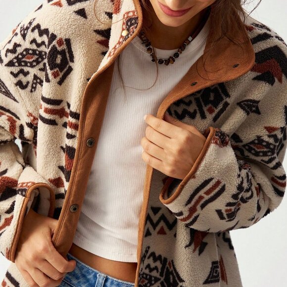 Multicolor Casual Women's Geometric Print Reversible Fleece Jacket - Picture 5 of 8